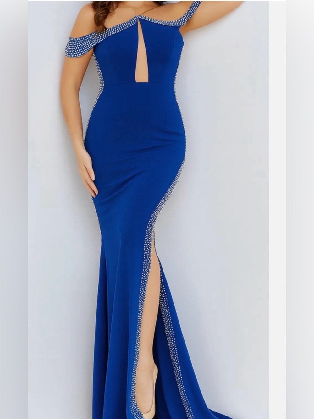 Jovani 24611 Royal Blue Off-Shoulder Rhinestone-Trim Evening Gown